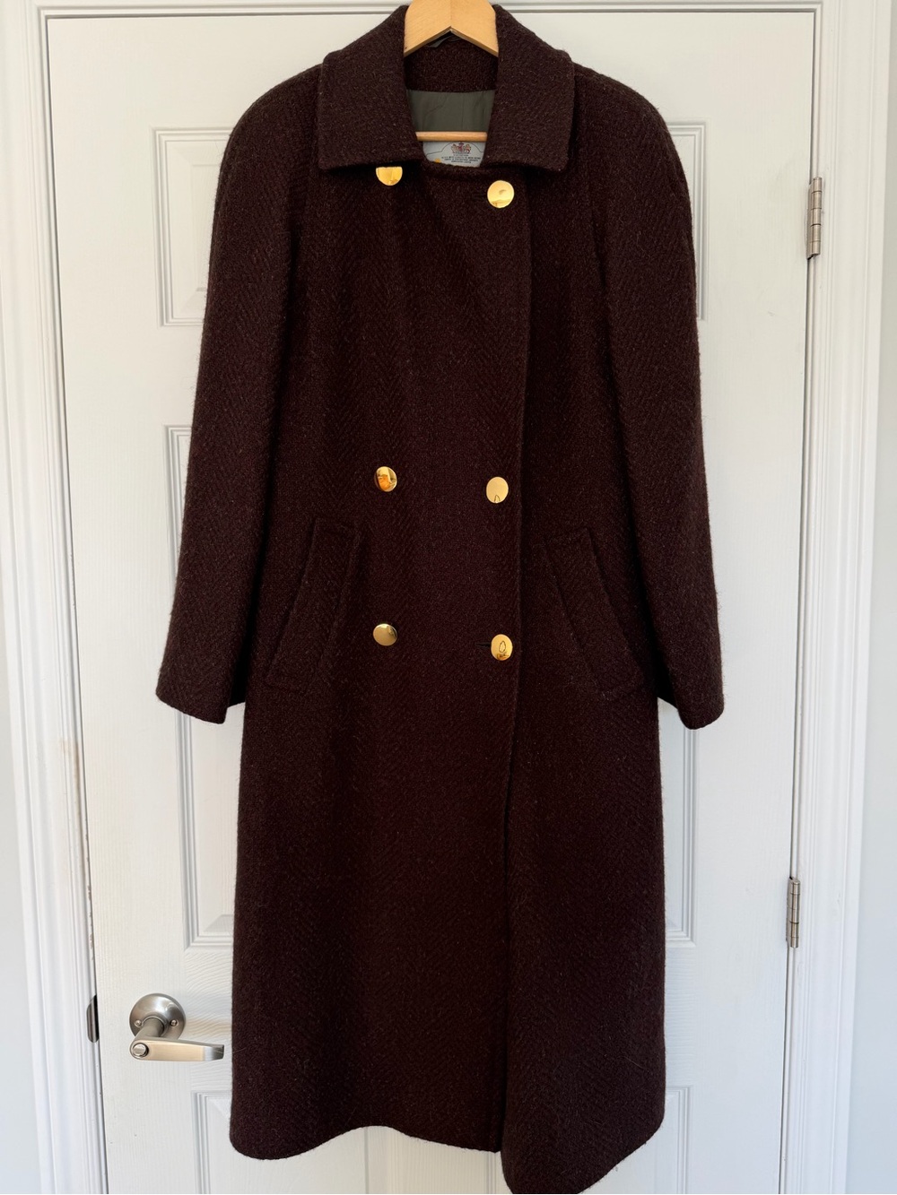Aquascutum Wool Herringbone Pea Coat in Brown